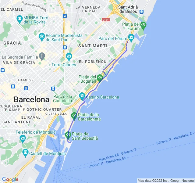 Mappa del percorso di corsa lungo la costa di Barcellona