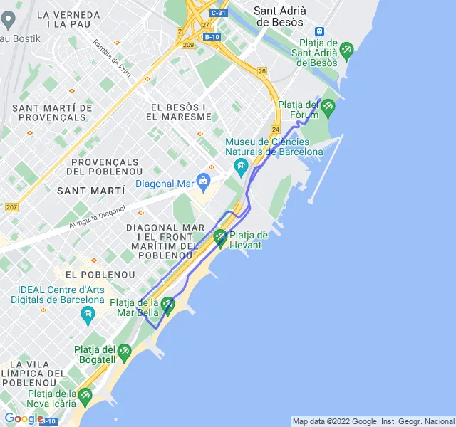 Mappa del percorso di corsa lungo la costa di Barcellona