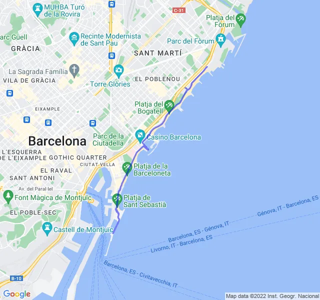 Mappa del percorso di corsa tra la Barceloneta e il Poblenou a Barcellona