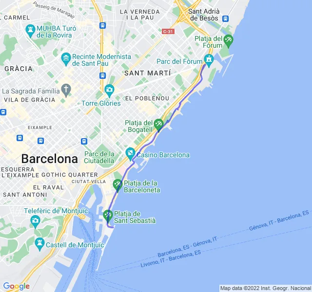 Mappa del percorso di corsa tra la Barceloneta e il Poblenou a Barcellona
