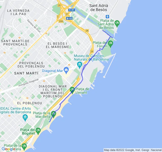 Mappa del percorso di corsa lungo la costa di Barcellona