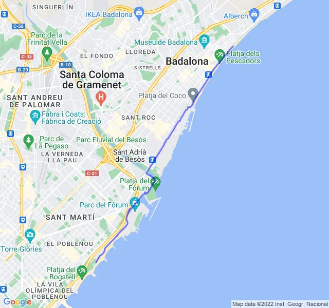 Mappa del percorso di corsa da Barcellona verso Badalona