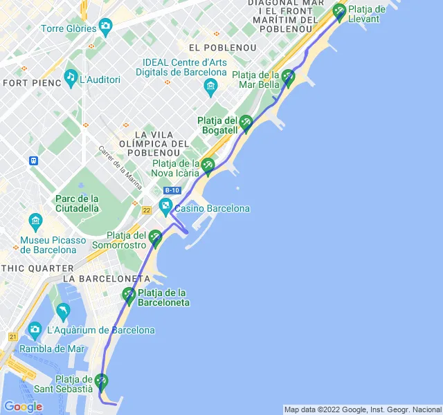 Mappa del percorso di corsa tra la Barceloneta e il Poblenou a Barcellona