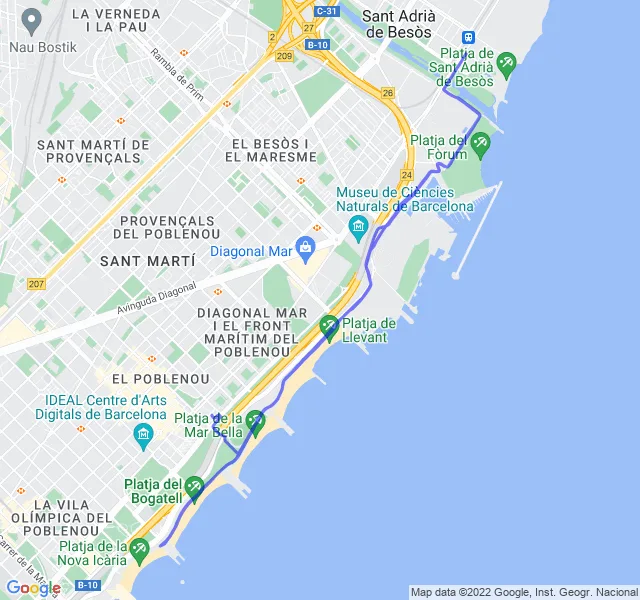 Mappa del percorso di corsa lungo la costa di Barcellona