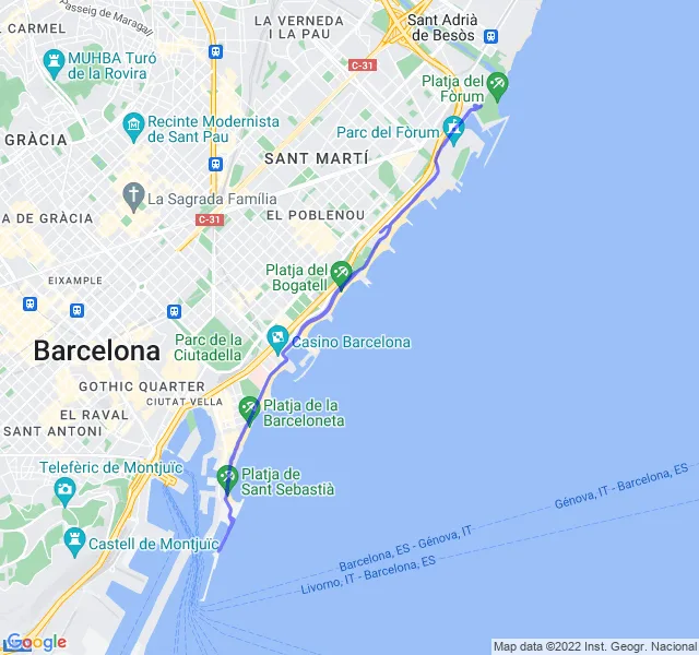 Mappa del percorso di corsa tra la Barceloneta e il Poblenou a Barcellona