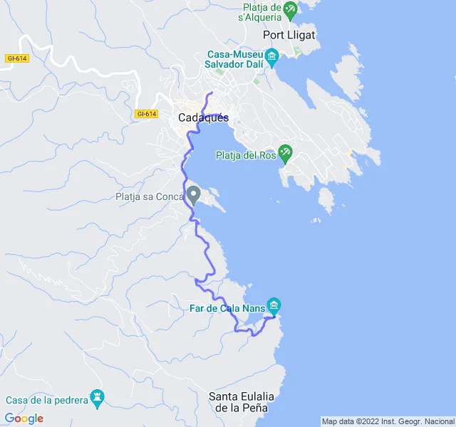 Mappa del percorso di corsa da Cadaqués al faro di Cala Nans
