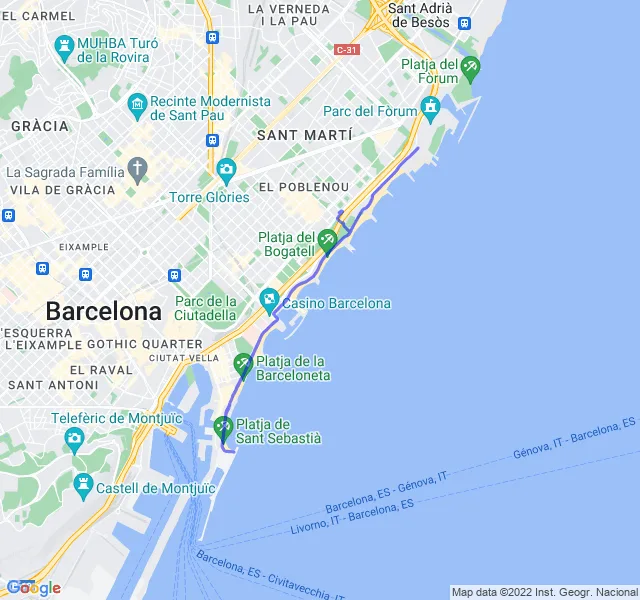 Mappa del percorso di corsa tra la Barceloneta e il Poblenou a Barcellona