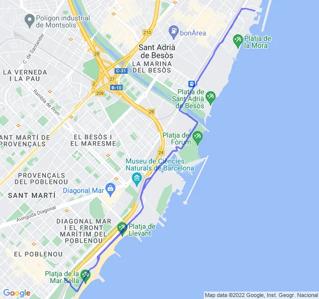 Mappa del percorso di corsa lungo la costa di Barcellona