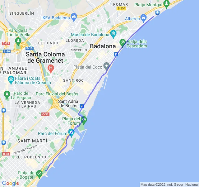 Mappa del percorso di corsa da Barcellona verso Badalona