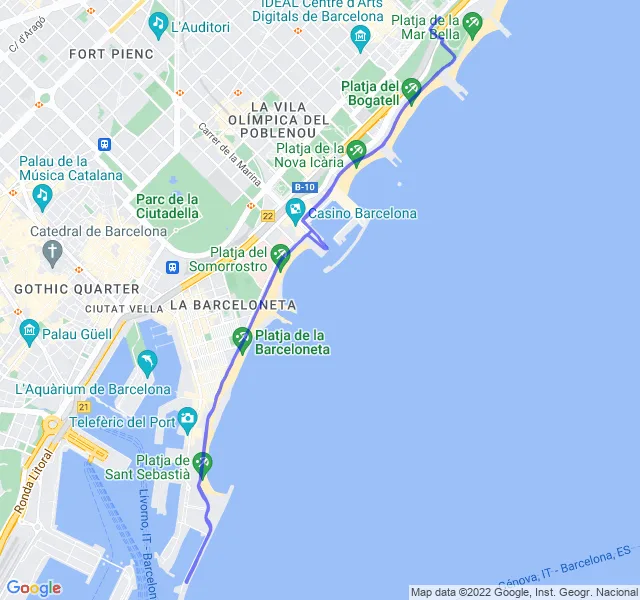Mappa del percorso di corsa tra la Barceloneta e il Poblenou a Barcellona