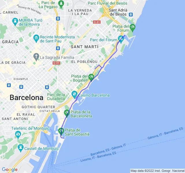 Mappa del percorso di corsa lungo la costa di Barcellona