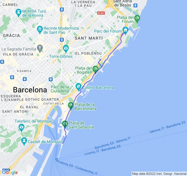 Mappa del percorso di corsa lungo la costa di Barcellona