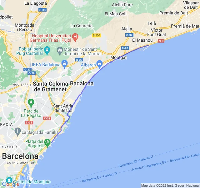 Mappa del percorso di corsa da Barcellona verso Badalona