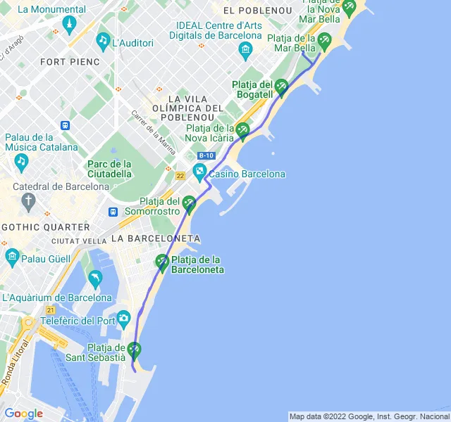 Mappa del percorso di corsa tra la Barceloneta e il Poblenou a Barcellona