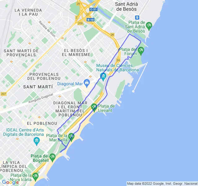 Mappa del percorso di corsa lungo la costa di Barcellona