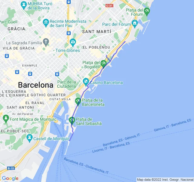 Mappa del percorso di corsa lungo la costa di Barcellona