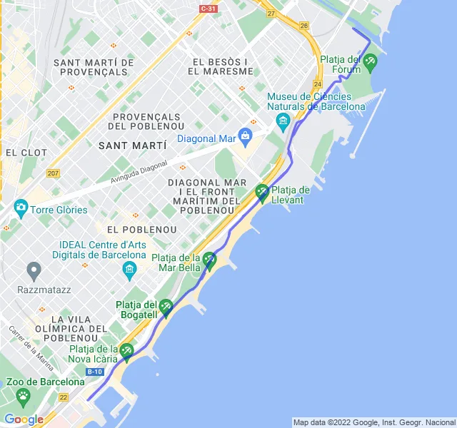 Mappa del percorso di corsa tra la Barceloneta e il Poblenou a Barcellona