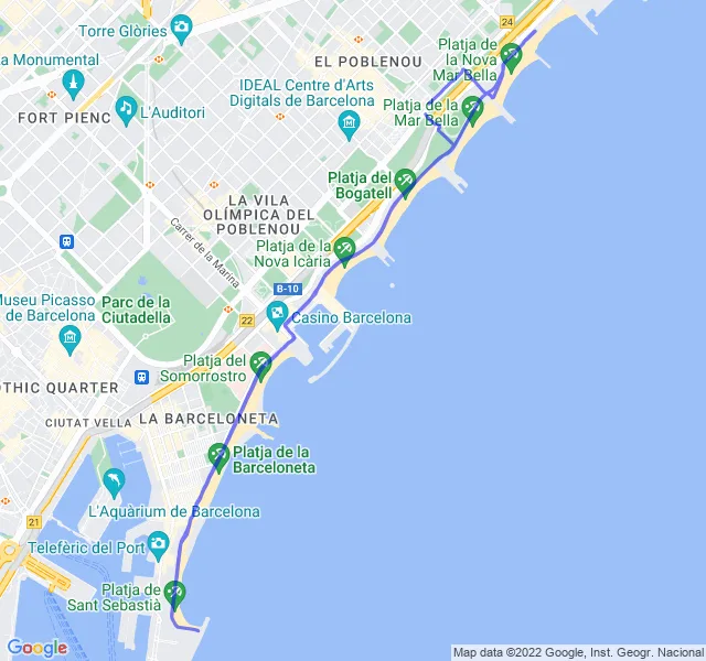 Mappa del percorso di corsa tra la Barceloneta e il Poblenou a Barcellona