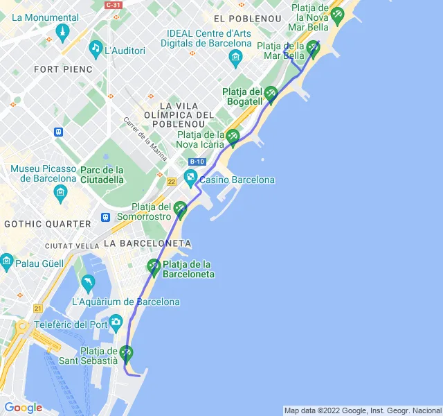 Mappa del percorso di corsa tra la Barceloneta e il Poblenou a Barcellona