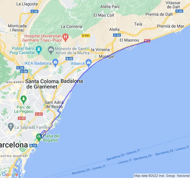 Mappa del percorso di corsa da Barcellona verso Badalona