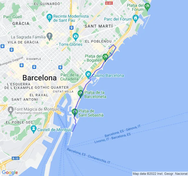Mappa del percorso di corsa lungo la costa di Barcellona