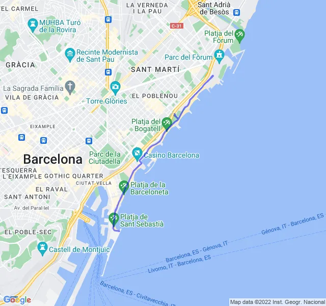 Mappa del percorso di corsa lungo la costa di Barcellona