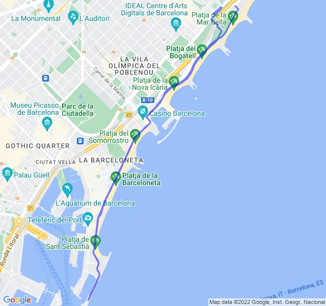 Mappa del percorso di corsa tra la Barceloneta e il Poblenou a Barcellona