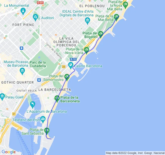 Mappa del percorso di corsa lungo il Poblenou di Barcellona