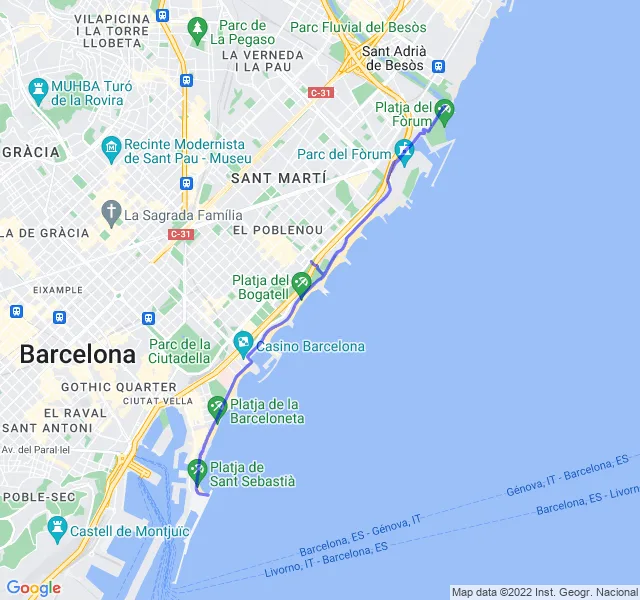 Mappa del percorso di corsa lungo la costa di Barcellona