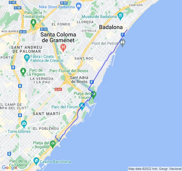 Mappa del percorso di corsa da Barcellona verso Badalona