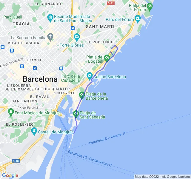 Mappa del percorso di corsa lungo la costa di Barcellona