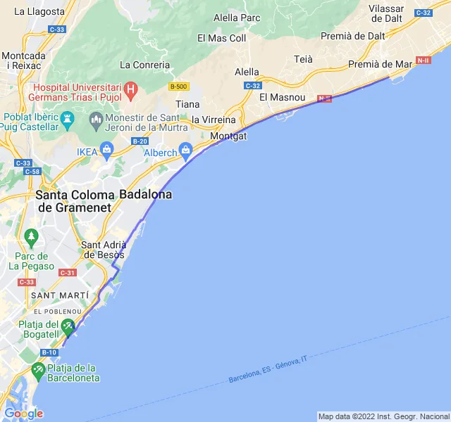 Mappa del percorso di corsa da Barcellona verso Badalona