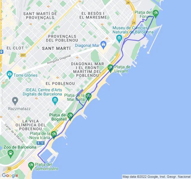 Mappa del percorso di corsa tra la Barceloneta e il Poblenou a Barcellona