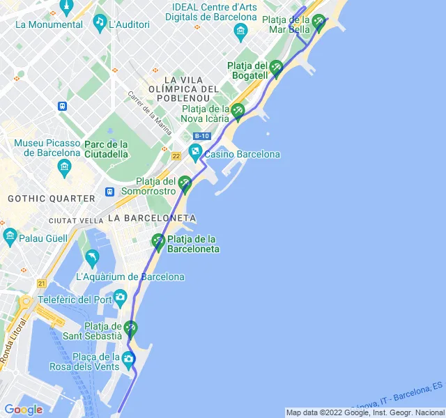 Mappa del percorso di corsa tra la Barceloneta e il Poblenou a Barcellona