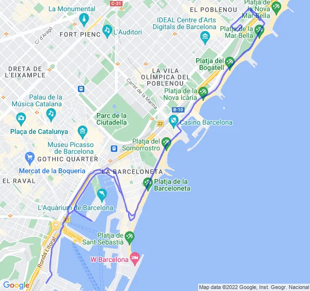 Mappa del percorso di corsa dalla Barceloneta al Poblenou con partenza dall'Hotel W