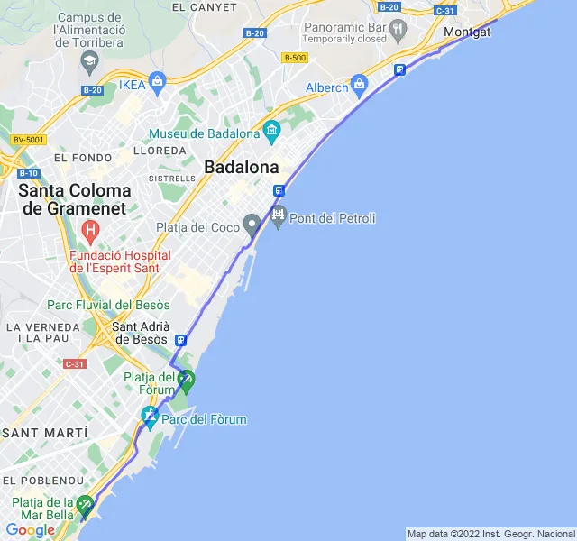 Mappa del percorso di corsa da Barcellona verso Badalona