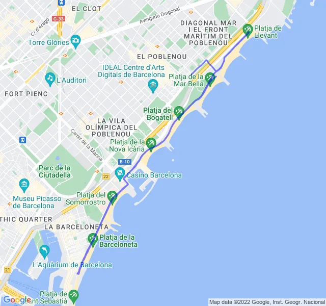 Mappa del percorso di corsa tra la Barceloneta e il Poblenou a Barcellona