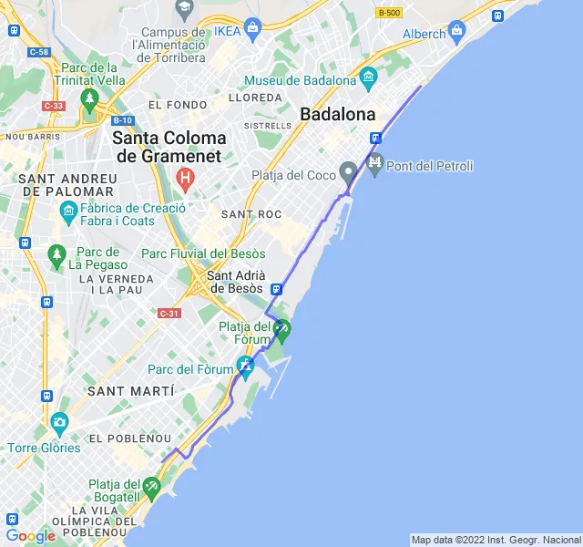 Mappa del percorso di corsa da Barcellona verso Badalona