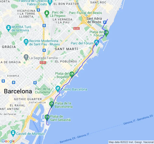 Mappa del percorso di corsa lungo la costa di Barcellona
