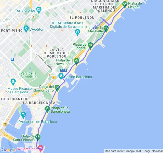 Mappa del percorso di corsa dalla Barceloneta al Poblenou con partenza dall'Hotel W