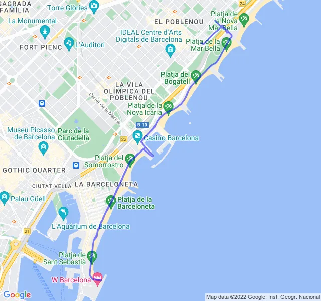 Mappa del percorso di corsa dalla Barceloneta al Poblenou con partenza dall'Hotel W
