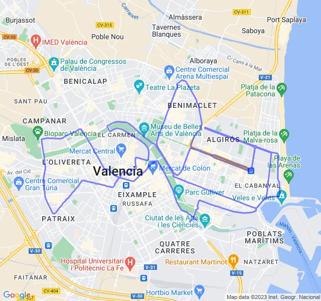 Mappa del percorso di corsa per le strade di Valencia
