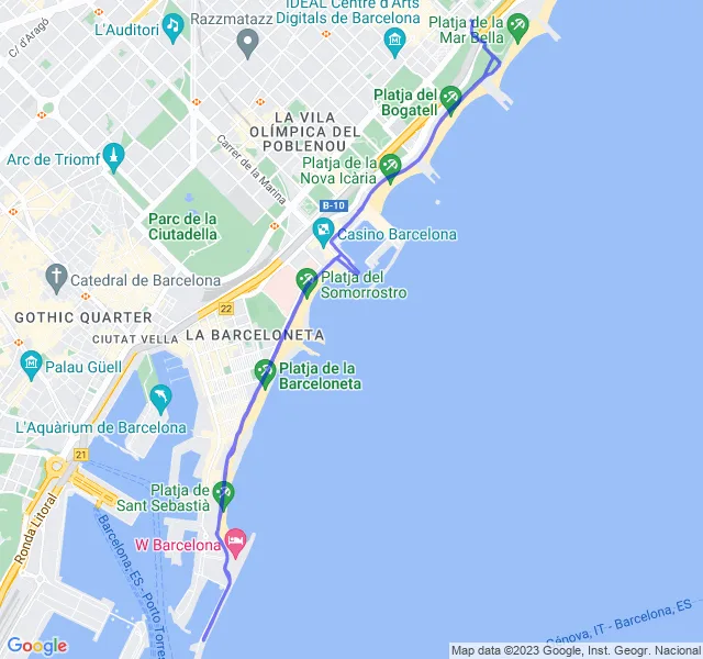 Mappa del percorso di corsa dalla Barceloneta al Poblenou con partenza dall'Hotel W