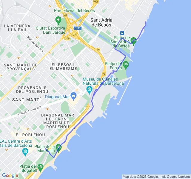 Mappa del percorso di corsa tra il Poblenou e il Parc del Fòrum a Barcellona