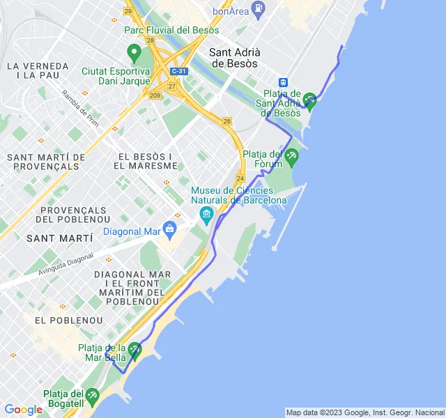 Mappa del percorso di corsa tra il Poblenou e il Parc del Fòrum a Barcellona