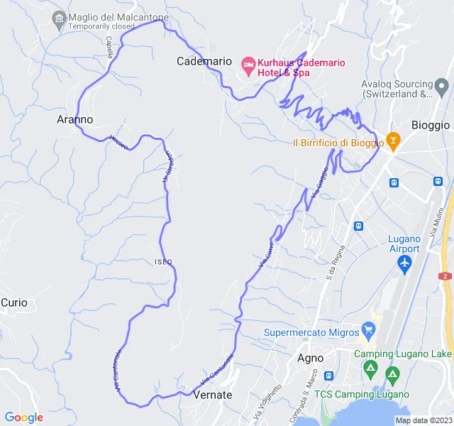 Mappa del percorso di corsa ad anello tra Cademario e Bioggio, vicino a Lugano