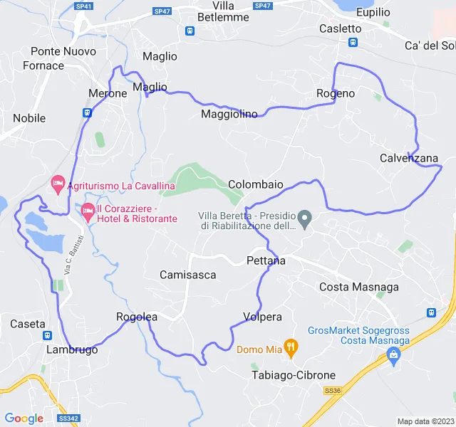 Mappa del percorso di corsa ad anello tra le colline della Brianza
