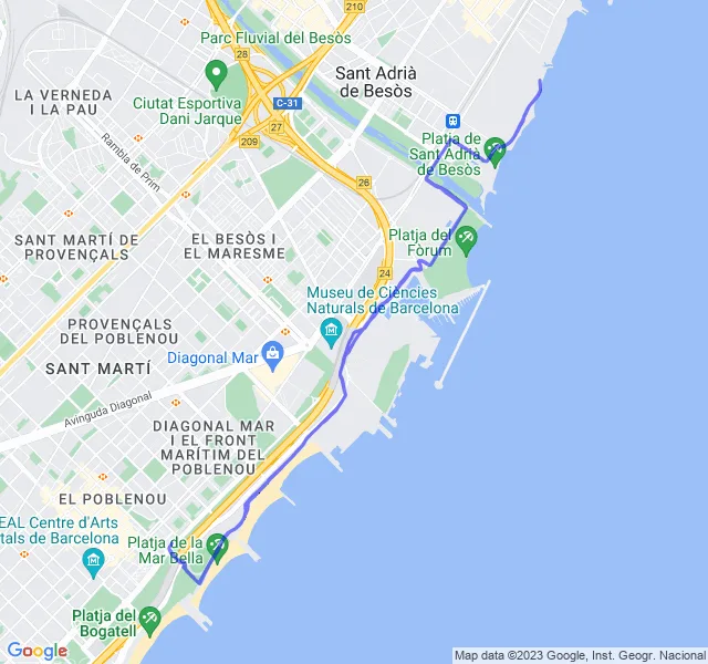 Mappa del percorso di corsa tra il Poblenou e il Parc del Fòrum a Barcellona