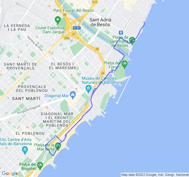 Mappa del percorso di corsa tra il Poblenou e il Parc del Fòrum a Barcellona