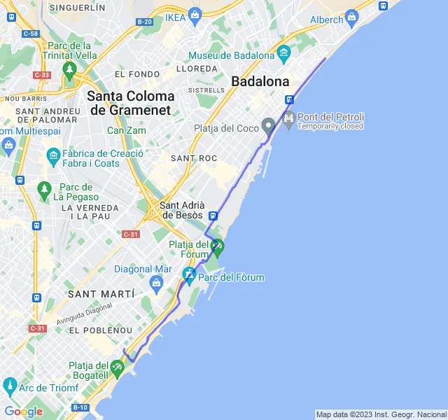 Mappa del percorso di corsa da Barcellona verso Badalona